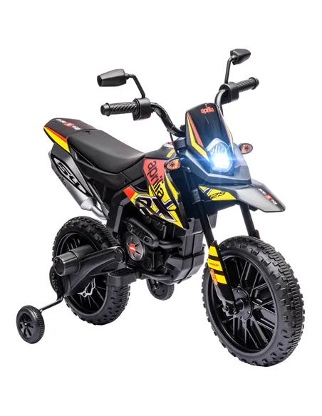 AIYAPLAY 12V Aprilia Licensed Kids Motorbike with Training Wheels, Spring Suspension, LED Headlight, USB, Music, Yellow/black