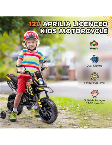 AIYAPLAY 12V Aprilia Licensed Kids Motorbike with Training Wheels, Spring Suspension, LED Headlight, USB, Music, Yellow/black