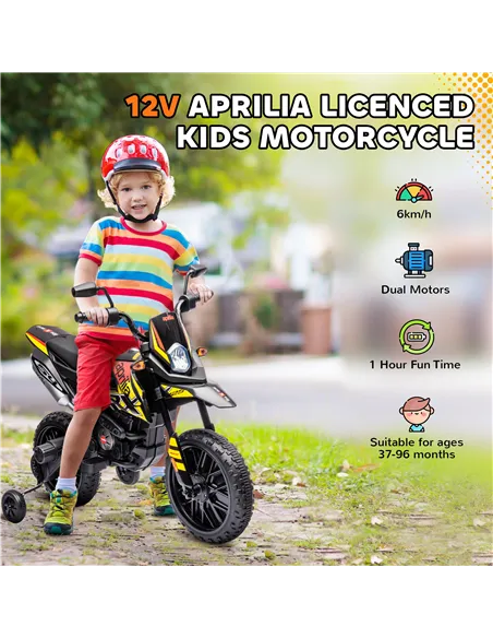 AIYAPLAY 12V Aprilia Licensed Kids Motorbike with Training Wheels, Spring Suspension, LED Headlight, USB, Music, Yellow/black