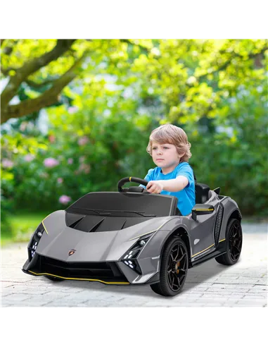 AIYAPLAY 12V Lamborghini Autentica Licensed Kids Electric Car with Remote Control, 4 Suspension Wheels, Soft Start, Grey