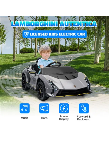 AIYAPLAY 12V Lamborghini Autentica Licensed Kids Electric Car with Remote Control, 4 Suspension Wheels, Soft Start, Grey