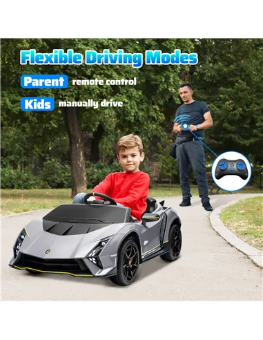 AIYAPLAY 12V Lamborghini Autentica Licensed Kids Electric Car with Remote Control, 4 Suspension Wheels, Soft Start, Grey