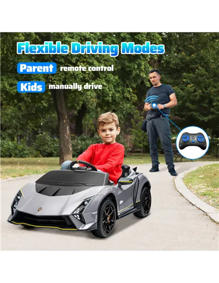 AIYAPLAY 12V Lamborghini Autentica Licensed Kids Electric Car with Remote Control, 4 Suspension Wheels, Soft Start, Grey