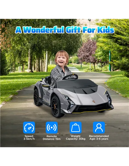 AIYAPLAY 12V Lamborghini Autentica Licensed Kids Electric Car with Remote Control, 4 Suspension Wheels, Soft Start, Grey