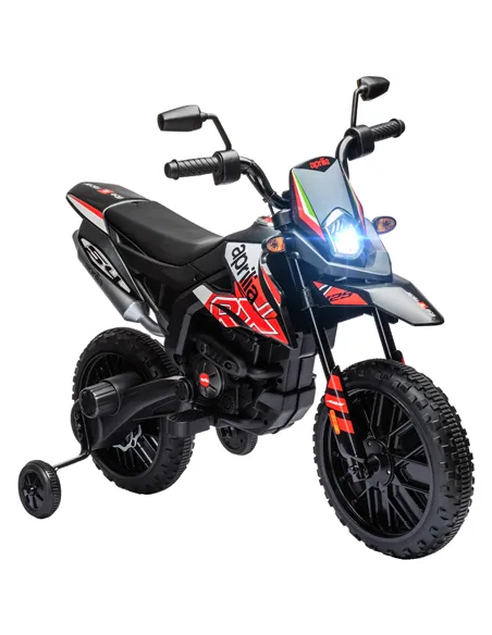 AIYAPLAY 12V Aprilia Licensed Kids Motorbike with Training Wheels, Spring Suspension, LED Headlight, USB, Music, Red/Black