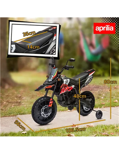 AIYAPLAY 12V Aprilia Licensed Kids Motorbike with Training Wheels, Spring Suspension, LED Headlight, USB, Music, Red/Black