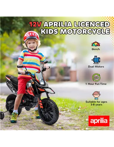 AIYAPLAY 12V Aprilia Licensed Kids Motorbike with Training Wheels, Spring Suspension, LED Headlight, USB, Music, Red/Black