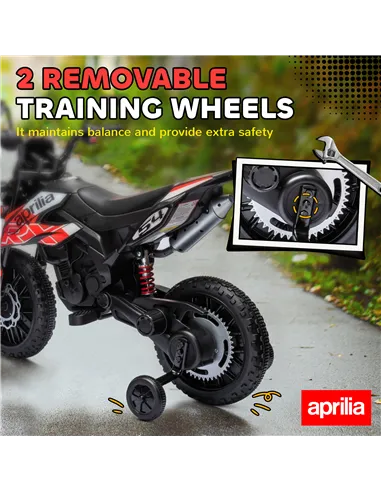 AIYAPLAY 12V Aprilia Licensed Kids Motorbike with Training Wheels, Spring Suspension, LED Headlight, USB, Music, Red/Black