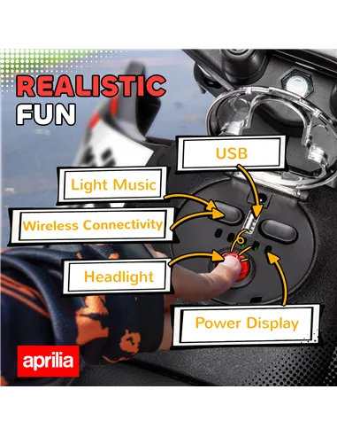 AIYAPLAY 12V Aprilia Licensed Kids Motorbike with Training Wheels, Spring Suspension, LED Headlight, USB, Music, Red/Black