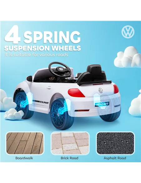 AIYAPLAY Volkswagen Beetle Licensed 12V Ride on Car w/ Remote Control, Suspension Wheels, Soft Start, Lights, Music, White