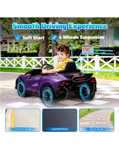 AIYAPLAY 12V Lamborghini Autentica Licensed Kids Electric Car with Remote Control, Four Suspension Wheels, Soft Start, Purple