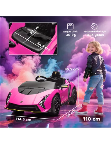 AIYAPLAY 12V Lamborghini Autentica Licensed Kids Electric Car with Remote Control, 4 Suspension Wheels, Soft Start, Pink