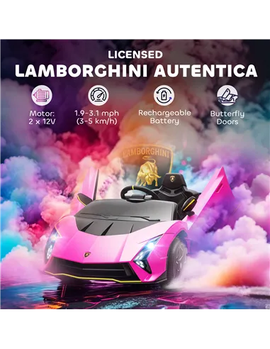 AIYAPLAY 12V Lamborghini Autentica Licensed Kids Electric Car with Remote Control, 4 Suspension Wheels, Soft Start, Pink
