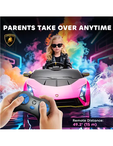AIYAPLAY 12V Lamborghini Autentica Licensed Kids Electric Car with Remote Control, 4 Suspension Wheels, Soft Start, Pink