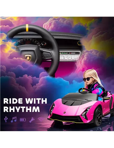 AIYAPLAY 12V Lamborghini Autentica Licensed Kids Electric Car with Remote Control, 4 Suspension Wheels, Soft Start, Pink