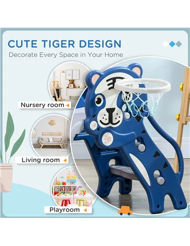 AIYAPLAY 3 in 1 Baby Slide for Indoor Use with Climber, Basketball Hoop, Basketball, for Ages 18-36 Months - Blue