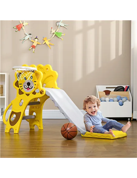 AIYAPLAY Baby Slide with Basketball Hoop, Climber, Easy to Assemble Kids Slide for Indoor Use, for Ages 18-36 Months - Yellow