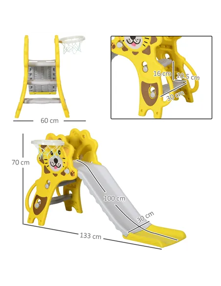 AIYAPLAY Baby Slide with Basketball Hoop, Climber, Easy to Assemble Kids Slide for Indoor Use, for Ages 18-36 Months - Yellow