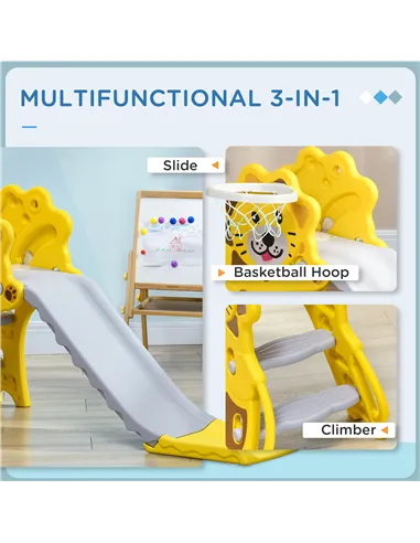 AIYAPLAY Baby Slide with Basketball Hoop, Climber, Easy to Assemble Kids Slide for Indoor Use, for Ages 18-36 Months - Yellow
