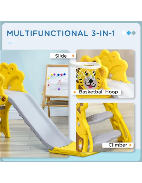 AIYAPLAY Baby Slide with Basketball Hoop, Climber, Easy to Assemble Kids Slide for Indoor Use, for Ages 18-36 Months - Yellow