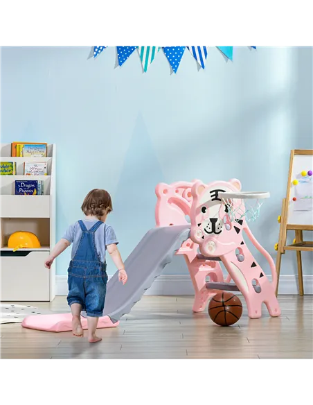 AIYAPLAY 3 in 1 Baby Slide for Indoor Use with Climber, Basketball Hoop, Basketball, for Ages 18-36 Months - Pink
