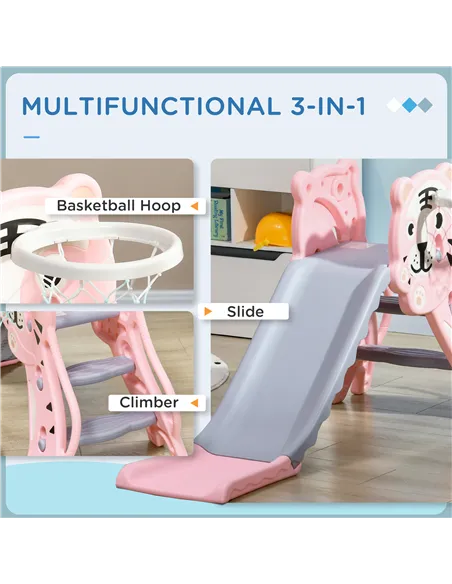 AIYAPLAY 3 in 1 Baby Slide for Indoor Use with Climber, Basketball Hoop, Basketball, for Ages 18-36 Months - Pink