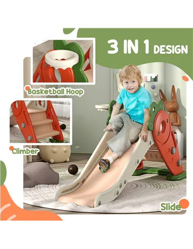 AIYAPLAY 3 in 1 Foldable Toddler Slide with Basketball Hoop, Climber, Carrot-themed, for 1-3 Years