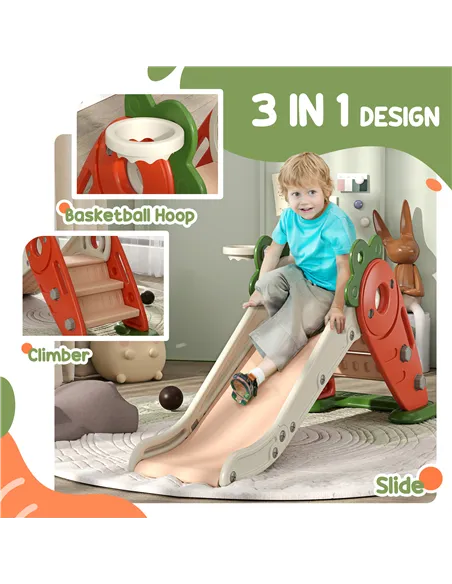AIYAPLAY 3 in 1 Foldable Toddler Slide with Basketball Hoop, Climber, Carrot-themed, for 1-3 Years