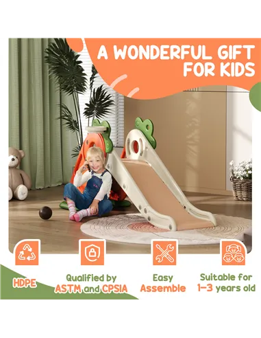 AIYAPLAY 3 in 1 Foldable Toddler Slide with Basketball Hoop, Climber, Carrot-themed, for 1-3 Years