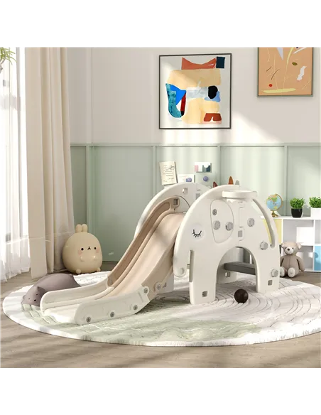 AIYAPLAY 3 in 1 Toddler Slide with Basketball Hoop, Climber, Elephant-Themed, for 1-3 Years, Cream White