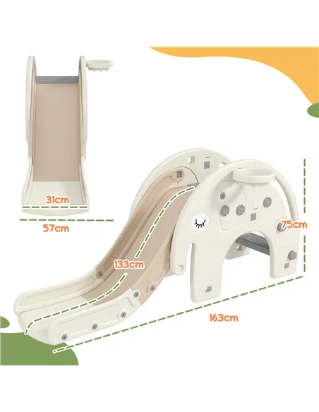 AIYAPLAY 3 in 1 Toddler Slide with Basketball Hoop, Climber, Elephant-Themed, for 1-3 Years, Cream White
