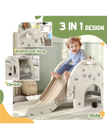 AIYAPLAY 3 in 1 Toddler Slide with Basketball Hoop, Climber, Elephant-Themed, for 1-3 Years, Cream White
