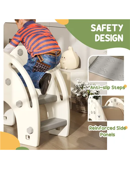 AIYAPLAY 3 in 1 Toddler Slide with Basketball Hoop, Climber, Elephant-Themed, for 1-3 Years, Cream White