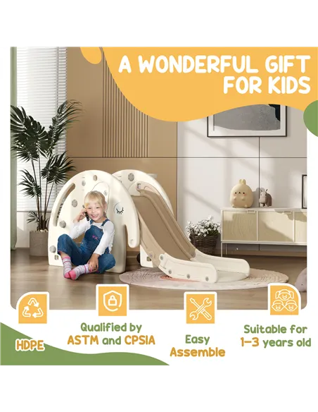 AIYAPLAY 3 in 1 Toddler Slide with Basketball Hoop, Climber, Elephant-Themed, for 1-3 Years, Cream White