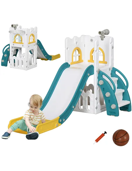 AIYAPLAY 4 in 1 Toddler Slide with Basketball Hoop, Climber, Telescope, Storage Basket, for Ages 1-3 Years, Yellow