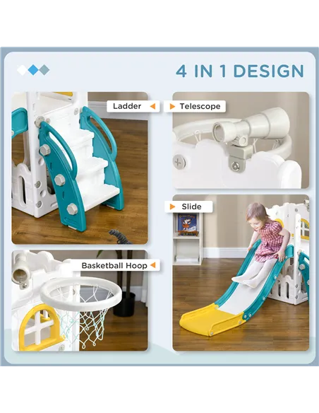 AIYAPLAY 4 in 1 Toddler Slide with Basketball Hoop, Climber, Telescope, Storage Basket, for Ages 1-3 Years, Yellow