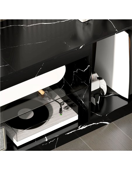 HOMCOM TV Stand Cabinet, Marble Effect TV Unit for up to 55" TVs with Glass Shelf and Storage Cabinet, Entertainment Unit for Li