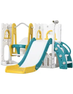 AIYAPLAY 6-in-1 Swing and Slide Set, Kids Playground with Basketball Hoop, Telescope, Storage Space - Yellow