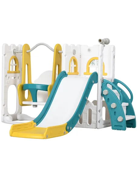 AIYAPLAY 6-in-1 Swing and Slide Set, Kids Playground with Basketball Hoop, Telescope, Storage Space - Yellow