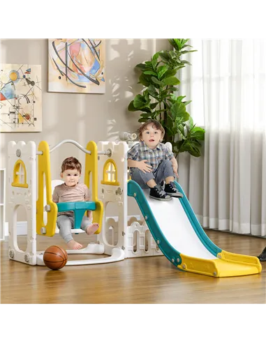 AIYAPLAY 6-in-1 Swing and Slide Set, Kids Playground with Basketball Hoop, Telescope, Storage Space - Yellow