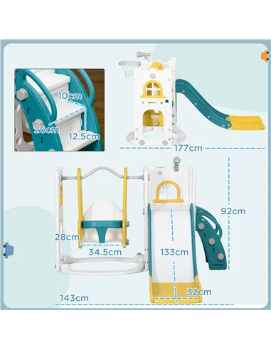 AIYAPLAY 6-in-1 Swing and Slide Set, Kids Playground with Basketball Hoop, Telescope, Storage Space - Yellow