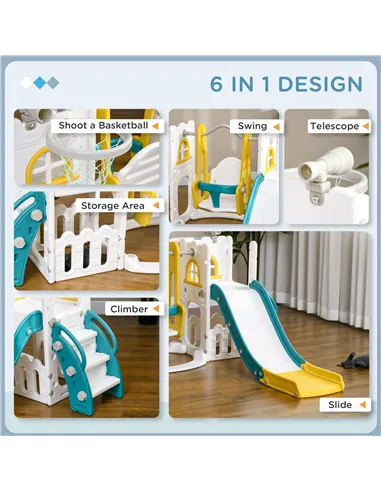 AIYAPLAY 6-in-1 Swing and Slide Set, Kids Playground with Basketball Hoop, Telescope, Storage Space - Yellow