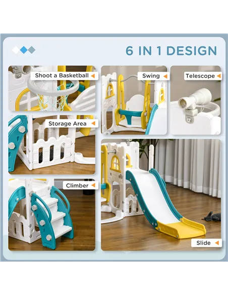 AIYAPLAY 6-in-1 Swing and Slide Set, Kids Playground with Basketball Hoop, Telescope, Storage Space - Yellow