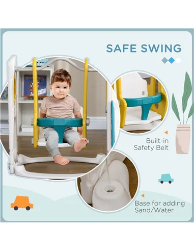 AIYAPLAY 6-in-1 Swing and Slide Set, Kids Playground with Basketball Hoop, Telescope, Storage Space - Yellow