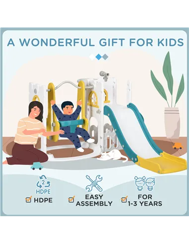 AIYAPLAY 6-in-1 Swing and Slide Set, Kids Playground with Basketball Hoop, Telescope, Storage Space - Yellow