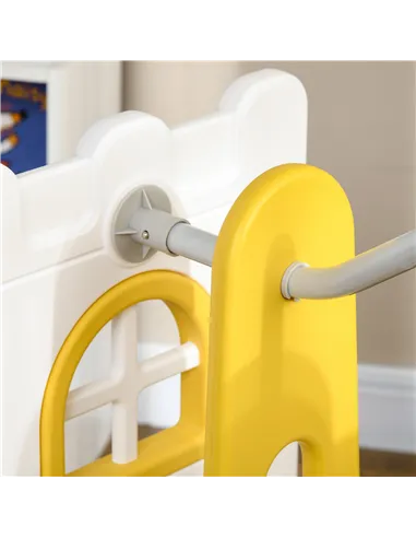 AIYAPLAY 6-in-1 Swing and Slide Set, Kids Playground with Basketball Hoop, Telescope, Storage Space - Yellow