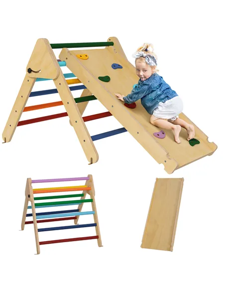 AIYAPLAY Toddler Climbing Frame for Kids, with Ramp, 3-in-1 Wooden Pikler Triangle Set for 18-48 Months, Multicolour