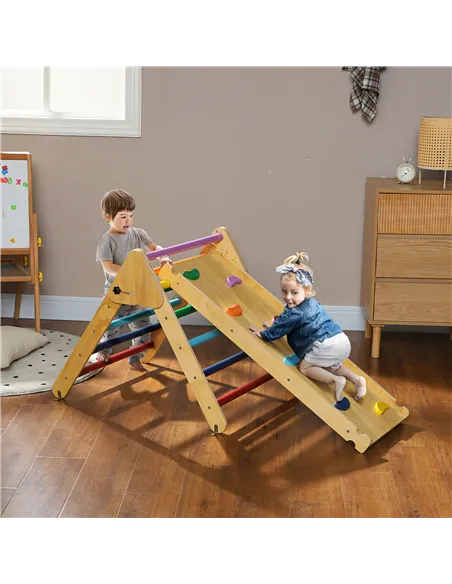 AIYAPLAY Toddler Climbing Frame for Kids, with Ramp, 3-in-1 Wooden Pikler Triangle Set for 18-48 Months, Multicolour