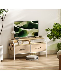 HOMCOM TV Stand Cabinet, TV Unit for 55-inch TVs with 2 Foldable Fabric Drawers, 5 Divided Side Pockets, Open Shelves, Console T 2