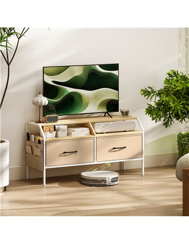 HOMCOM TV Stand Cabinet, TV Unit for 55-inch TVs with 2 Foldable Fabric Drawers, 5 Divided Side Pockets, Open Shelves, Console T